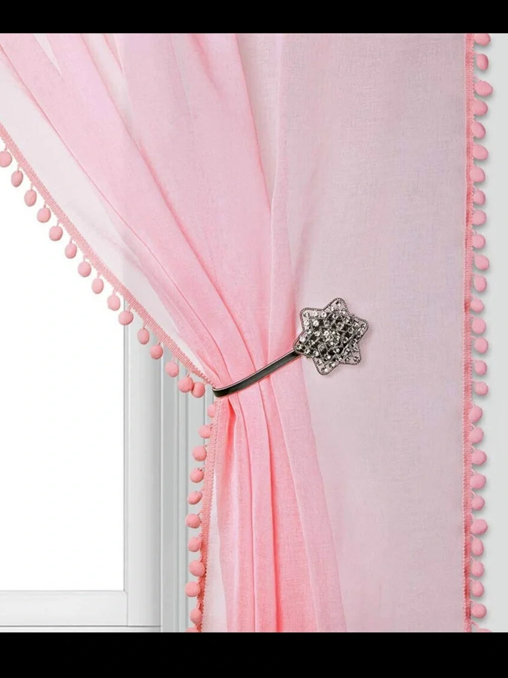 Sheer Pink Curtain Panels with Pom Trim